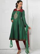 Длинное платье / туника из хлопка и шёлка цвета весенней зелени с длинными рукавами + летние тёмно-красные брюки и накидка