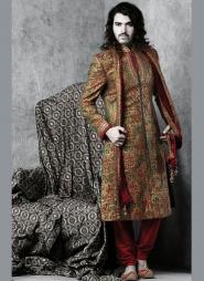 Золотой традиционный индийский свадебный мужской костюм из парчи (брюки сангиновые)