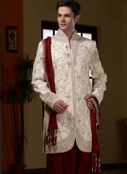 Национальный свадебный мужской костюм из шёлка цвета морской пены (брюки тёмно-красные), Индия