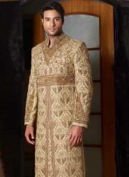 Пшеничный индийский национальный свадебный мужской костюм из шёлка