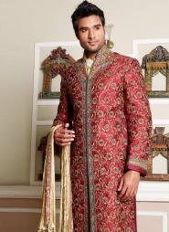 Тёмно-красный национальный мужской костюм из шёлка для свадьбы в индийском стиле