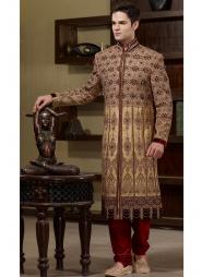 Бледно-коричневый народный индийский свадебный мужской костюм из парчи (брюки тёмно-алые)