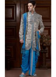 Бежевый традиционный индийский свадебный мужской костюм из парчи (брюки лазурные)