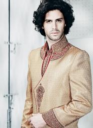 Кремовый национальный индийский свадебный мужской костюм из шёлка