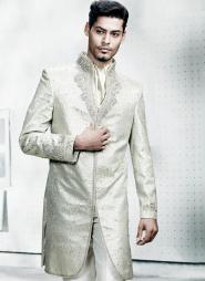 Белый национальный индийский свадебный мужской костюм из шёлка