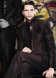 Тёмно-бордовый свадебный / вечерний френч (воротник — стойка), украшенный вышивкой + брюки + рубашка