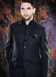 Чёрный молодёжный мужской френч (воротник — стойка) + брюки