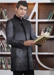 Серый с чёрным элитный дорогой мужской френч (воротник — стойка), украшенный вышивкой и стразами + брюки