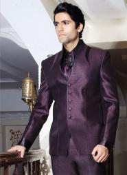 Тёмно-фиолетовый стильный мужской костюм-двойка + рубашка + галстук с брошью