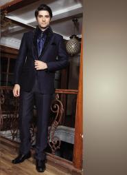 Полуночно-синий стильный мужской костюм-двойка + рубашка + галстук с брошью