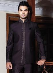 Тёмно-фиолетовый современный мужской френч (воротник — стойка), украшенный вышивкой + брюки