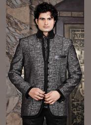 Чёрно-белый модный мужской френч (воротник — стойка) + брюки + рубашка + галстук с брошью