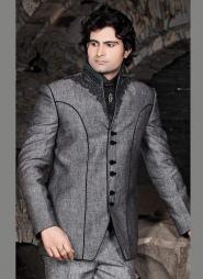 Серый свадебный / вечерний френч (воротник — стойка) + брюки + рубашка + галстук с брошью