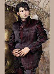 Тёмно-красный модный мужской френч (воротник — стойка) + брюки + рубашка + галстук с брошью