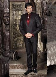 Чёрный необычный мужской костюм-двойка + рубашка + красный галстук с брошью