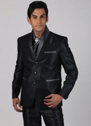 Антрацитовый модный мужской костюм-двойка из атласа + рубашка + галстук с брошью