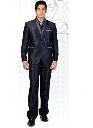 Тёмно-синий классический мужской костюм-двойка из атласа + рубашка + галстук с брошью