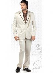 Кремовый стильный свадебный / вечерний мужской костюм-двойка из атласа + рубашка