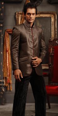 Полосатый сценический / концертный мужской френч (воротник — стойка) + чёрные брюки