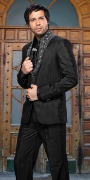 Чёрный восточный мужской костюм-двойка + рубашка + галстук с брошью
