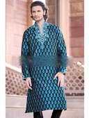 Чёрно-бирюзовый мужской индийский национальный костюм из парчи, украшенный вышивкой скрученной шёлковой нитью, стразами и бисером