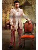 Бежевый свадебный мужской френч (воротник — стойка), украшенный скрученной шёлковой нитью со стразами, бисером + кирпичные брюки