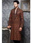 Чёрно-коричневый мужской индийский национальный костюм из парчи, украшенный вышивкой и стразами