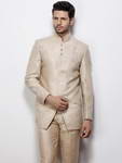 Бежевый мужской френч (воротник — стойка) из дизайнерского шёлка + брюки