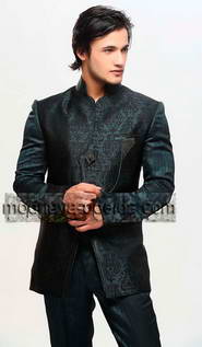 Свадебный / вечерний френч (воротник — стойка) из жаккардовой ткани, украшенный винтажной брошью + брюки