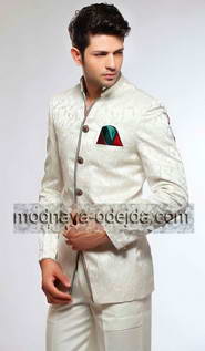 Молодёжный белый мужской френч (воротник — стойка) из жаккардовой ткани + брюки