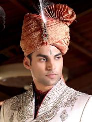 Тёмно-коралловый индийский мужской тюрбан (чалма) с брошью