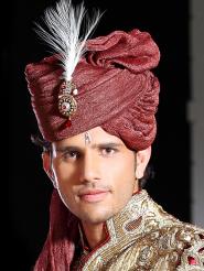 Тёмно-красный индийский мужской тюрбан (чалма) с брошью