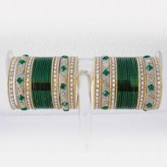 Зелёно-золотисто-серебристые индийские браслеты, украшенные стразами, одна пара d=6,2 см и одна пара d=6,4 см