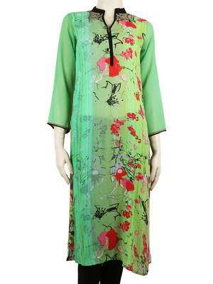 Зелёное красивое прямое летнее платье из шифона, с рукавами три четверти