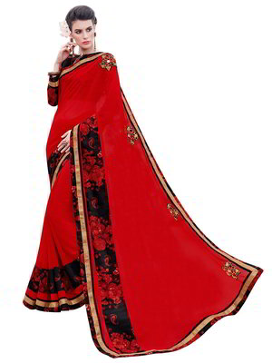 Красное индийское сари из креп-жоржета и из шёлка