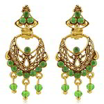 Медные индийские серьги, покрытые позолотой, со светло-зелёными стразами и бусинками
