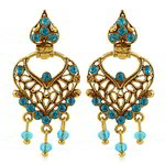 Медные индийские серьги, покрытые позолотой, с бирюзовыми бусинками и стразами