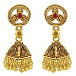 Позолоченные индийские серьги-колокольчики с красными и коричневыми стразами