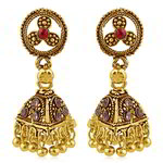 Позолоченные индийские серьги-колокольчики с красными и фиолетовыми стразами