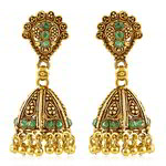 Медные индийские серьги-колокольчики, покрытые позолотой, с зелёными стразами