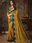 Нарядное индийское сари из шёлка цвета страрого золота, украшенное вышивкой с люрексом и бусинками