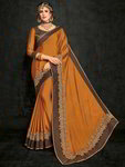 ~Оранжевое оригинальное красивое современное индийское сари из креп-жоржета и из шёлка-сырца