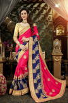 ~Тёмно-синее, розовое и цвета фуксии оригинальное красивое индийское сари из дизайнерского шёлка, украшенное вышивкой