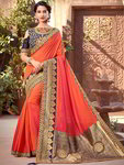 *Тёмно-синее и оранжевое жаккардовое шёлковое оригинальное красивое индийское сари, украшенное вышивкой