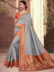 *Серое и красное оригинальное красивое индийское сари из жаккардовой ткани и шёлка-сырца, украшенное вышивкой