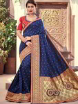 *Тёмно-синее и красное жаккардовое шёлковое оригинальное красивое индийское сари, украшенное вышивкой