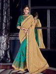 *Бежевое и сине-зелёное шёлковое оригинальное индийское сари, украшенное вышивкой люрексом, скрученной шёлковой нитью со стразами
