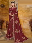 *Бордовое современное индийское сари из креп-жоржета, украшенное вышивкой