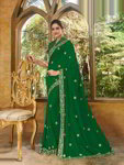 *Зелёное оригинальное индийское сари из шёлка, украшенное вышивкой