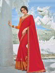 *Красное шёлковое вечернее индийское сари, украшенное вышивкой со стразами